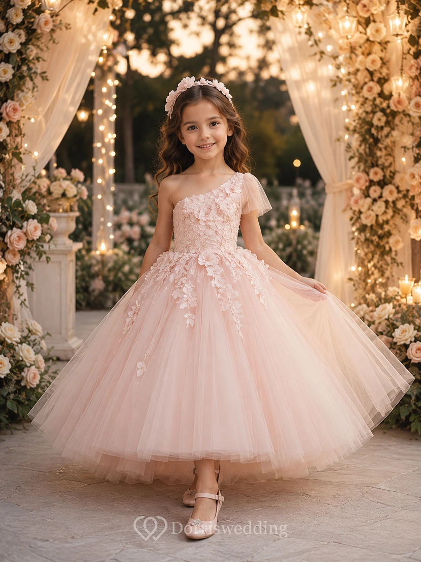 One Shoulder Floral Tulle A-Line Flower Girl Dress with Short Sleeves, Tea-Length Skirt and Floral Applique