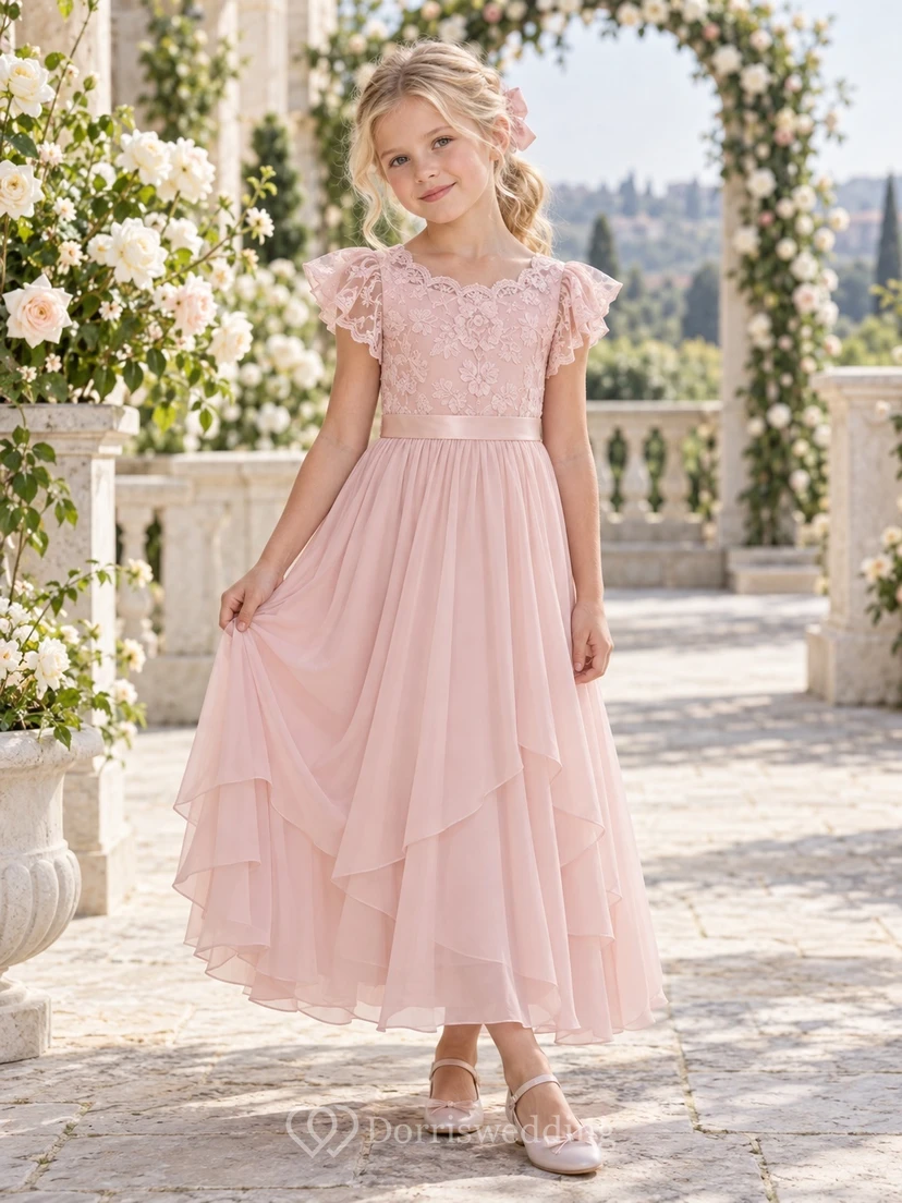 Vestido de niña de flores discreto, rosa, de gasa, corte en A, mangas con volantes y largo hasta los tobillos.