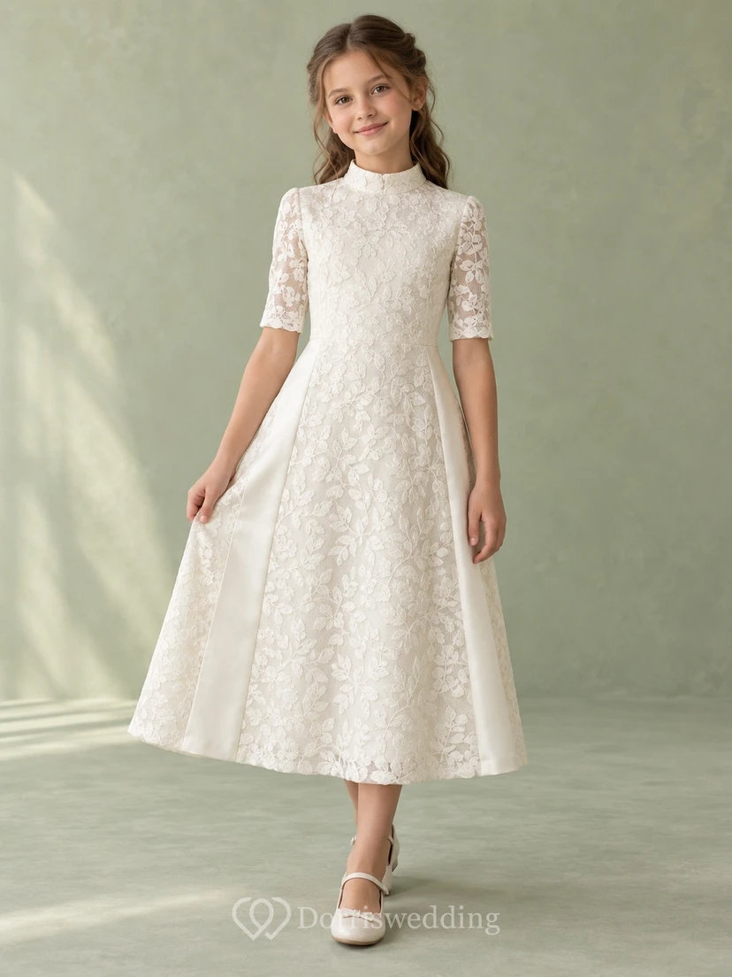 Modest High Neck Tea-length Ivory Half Sleeve Leaf Lace Smooth Panel A-Line Flowergirl Dress