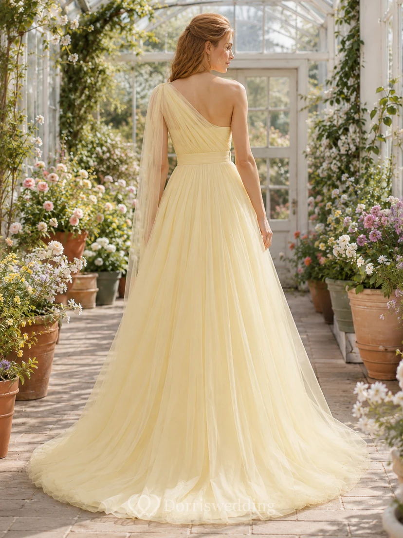 Yellow One Shoulder Tulle Greenhouse A Line Bridal Gown view 2