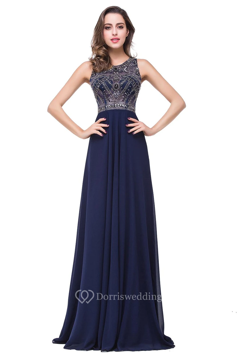 Modern Chiffon A-line Prom Dress Beadings Illusion Zipper