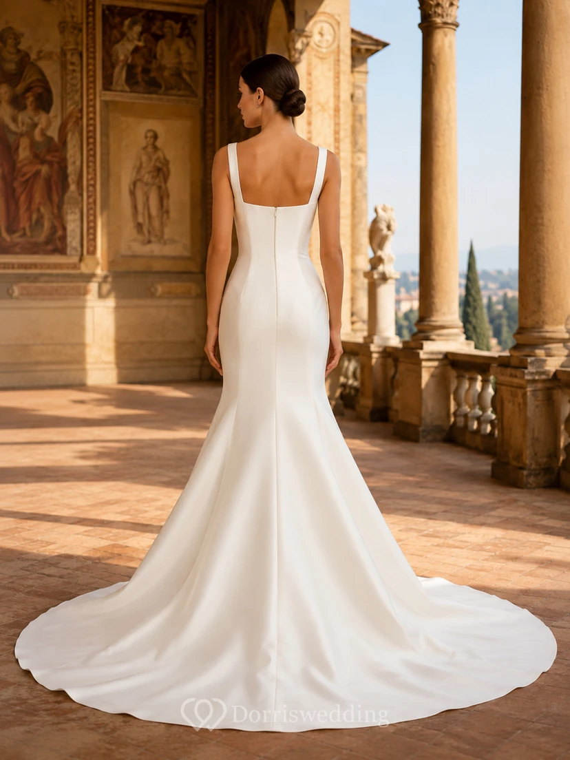 Robe de mariée sirène en satin à bretelles carrées et fermeture éclair au dos, style moderne, pour une destination de mariage view 2