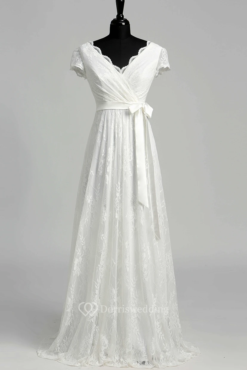 A Line Garden Cap Short Sleeve Wedding Dress view 3