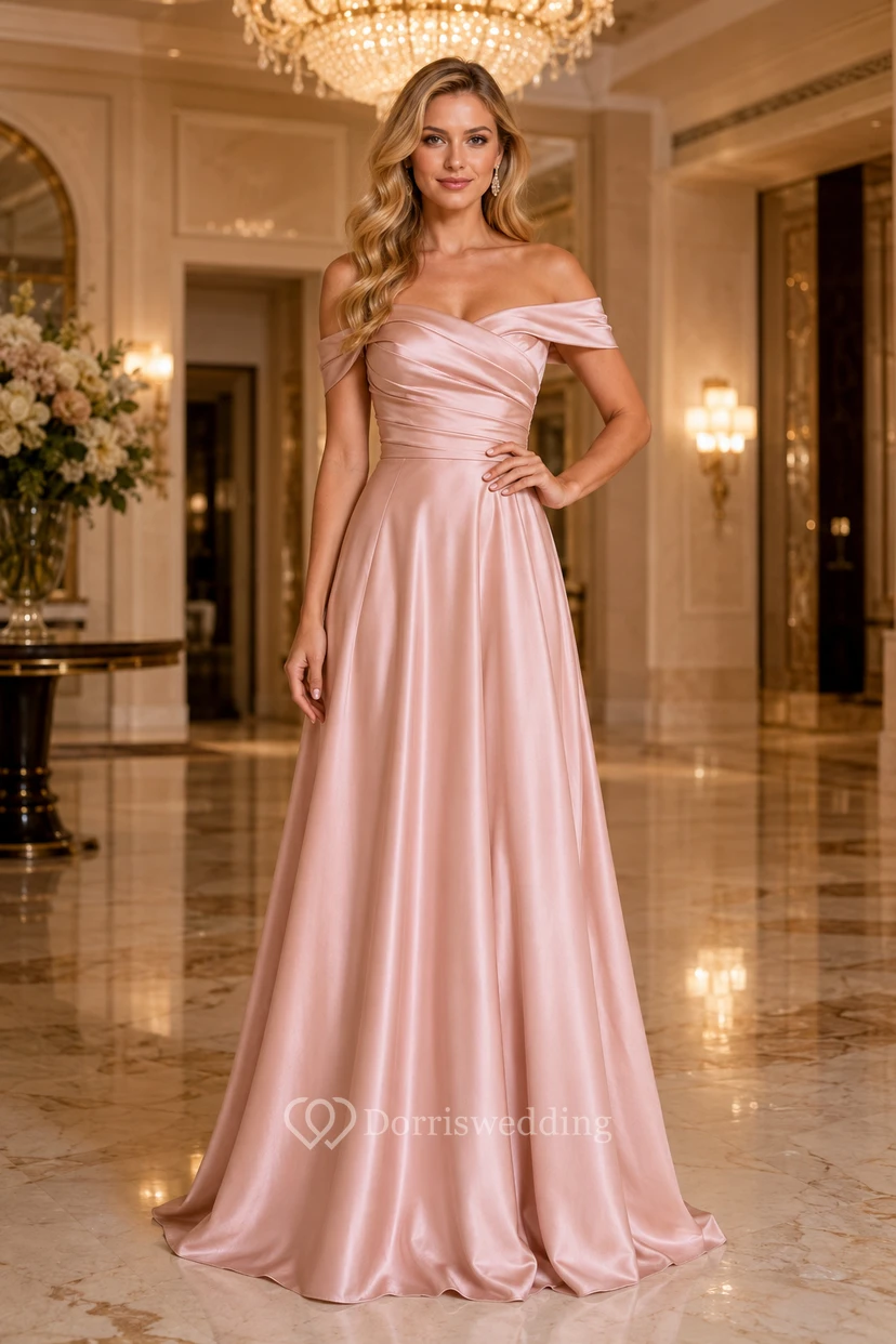 Plus Size Blushing Pink Satin Off-the-Shoulder A-Line Bridesmaid Dress with Ruched Bodice