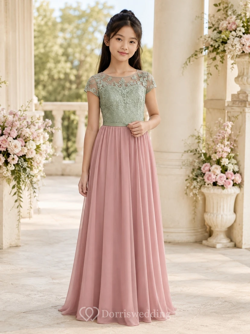 Brautjungfernkleid in Altrosa, A-Linie, mit Strasssteinen, kurzen Ärmeln und romantischer Spitze