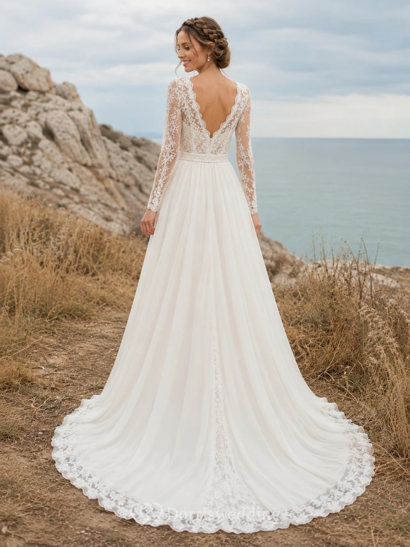 Boho V Neck Long Illusion Lace Sleeve Chiffon Sweep Wedding Gown view 2