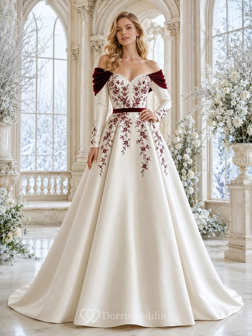 Burgunderrotes, romantisches Luxus-Brautkleid im A-Linien-Stil für den Winter mit schulterfreiem Schnitt, langen Ärmeln und Kapellenschleppe