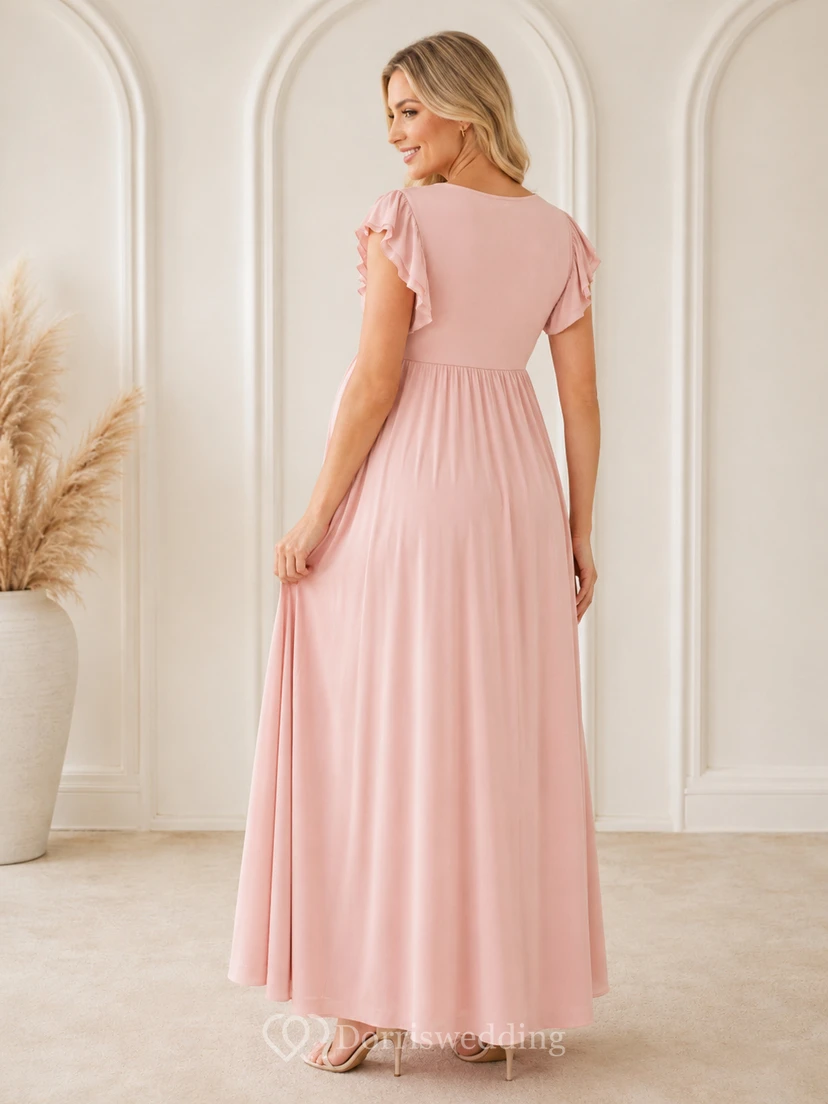 Vestido formal largo hasta el suelo con escote en V y mangas con volantes, de corte imperio, color rosa rubor, ideal para embarazadas. view 2