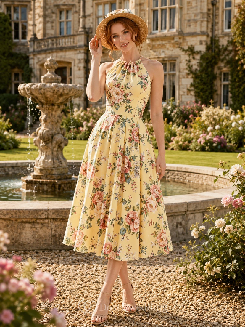 Yellow Floral Halter Country Estate Garden Tea Dress