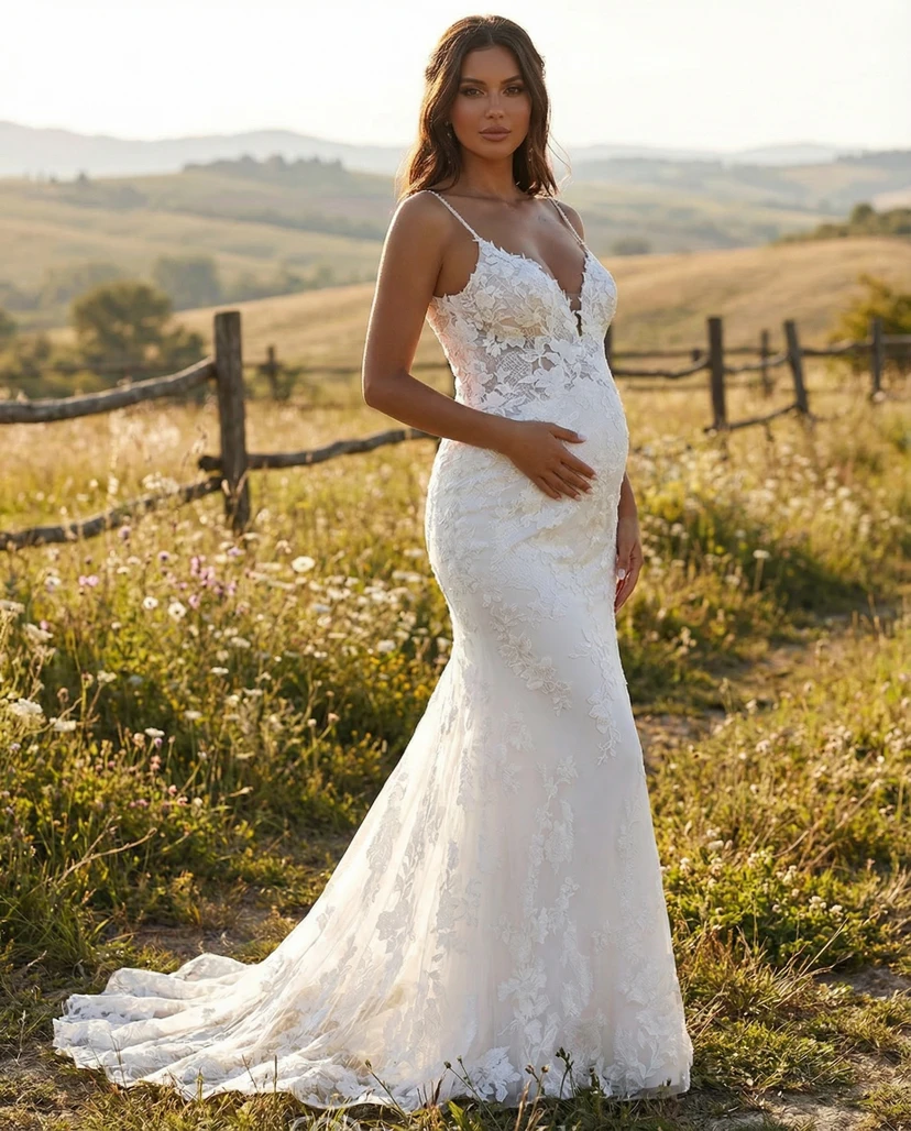 Robe de mariée sirène en dentelle pour maternité, avec fines bretelles et traîne.