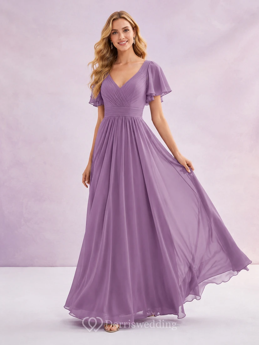 Vestido de fiesta formal largo hasta el suelo, de gasa, corte A, escote en V y mangas con volantes, color lavanda romántico.