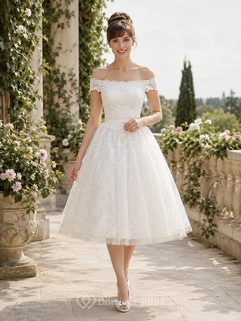 White Lace Off-the-shoulder Short Sleeve A-Line Tea-Length Romantic Cocktail Dress