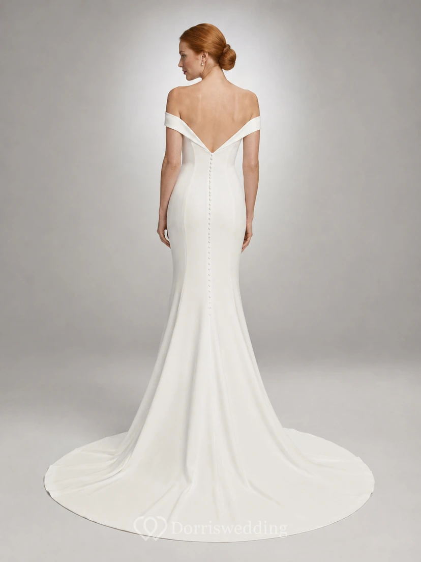 Simple off shoulder bridal sheath gown with sweep train view 2