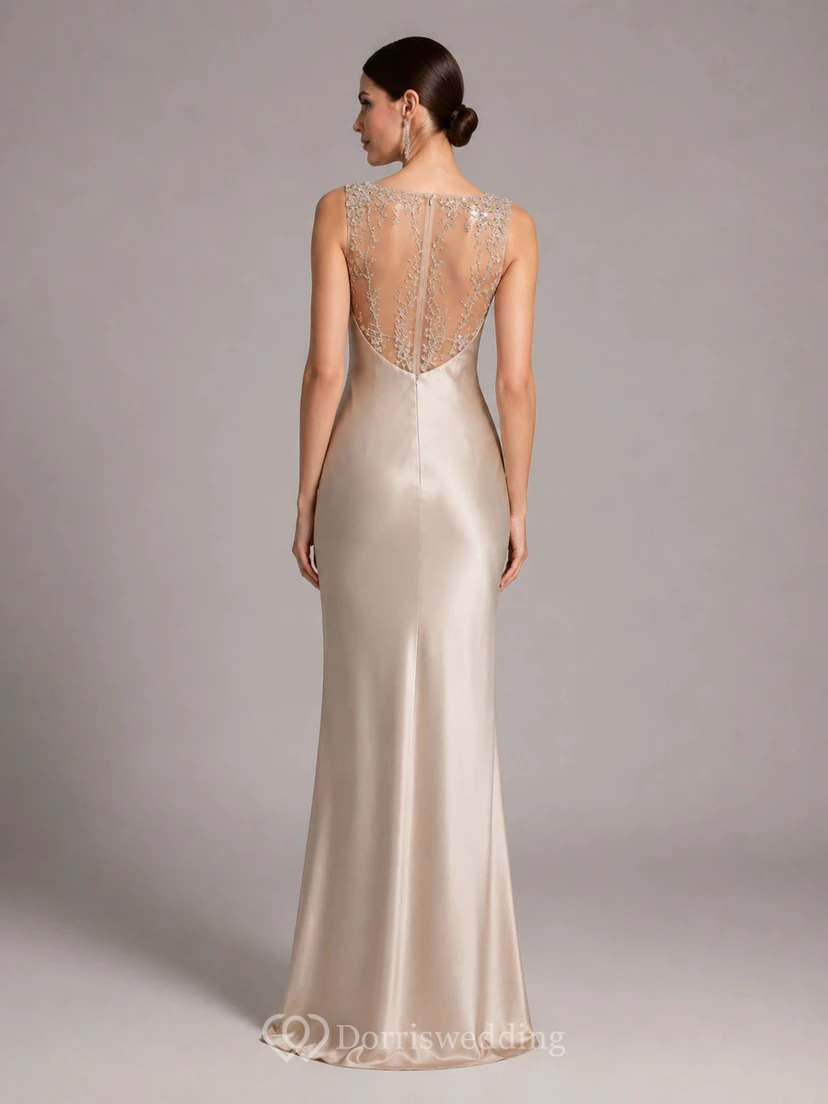 Champagne Jewel Neck Satin Illusion Back Sheath Gown view 2