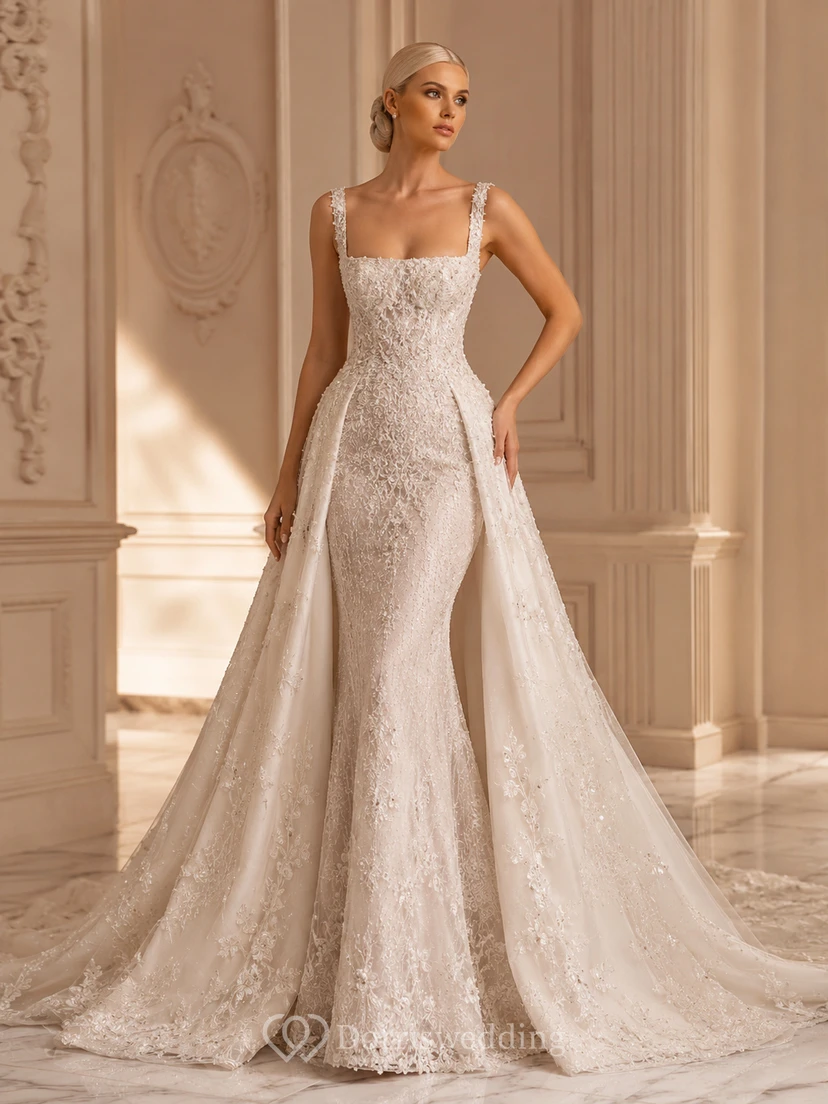 Robe de mariée intemporelle en dentelle et tulle, col carré, sans manches, sirène, traîne cathédrale, jupe amovible, style bal