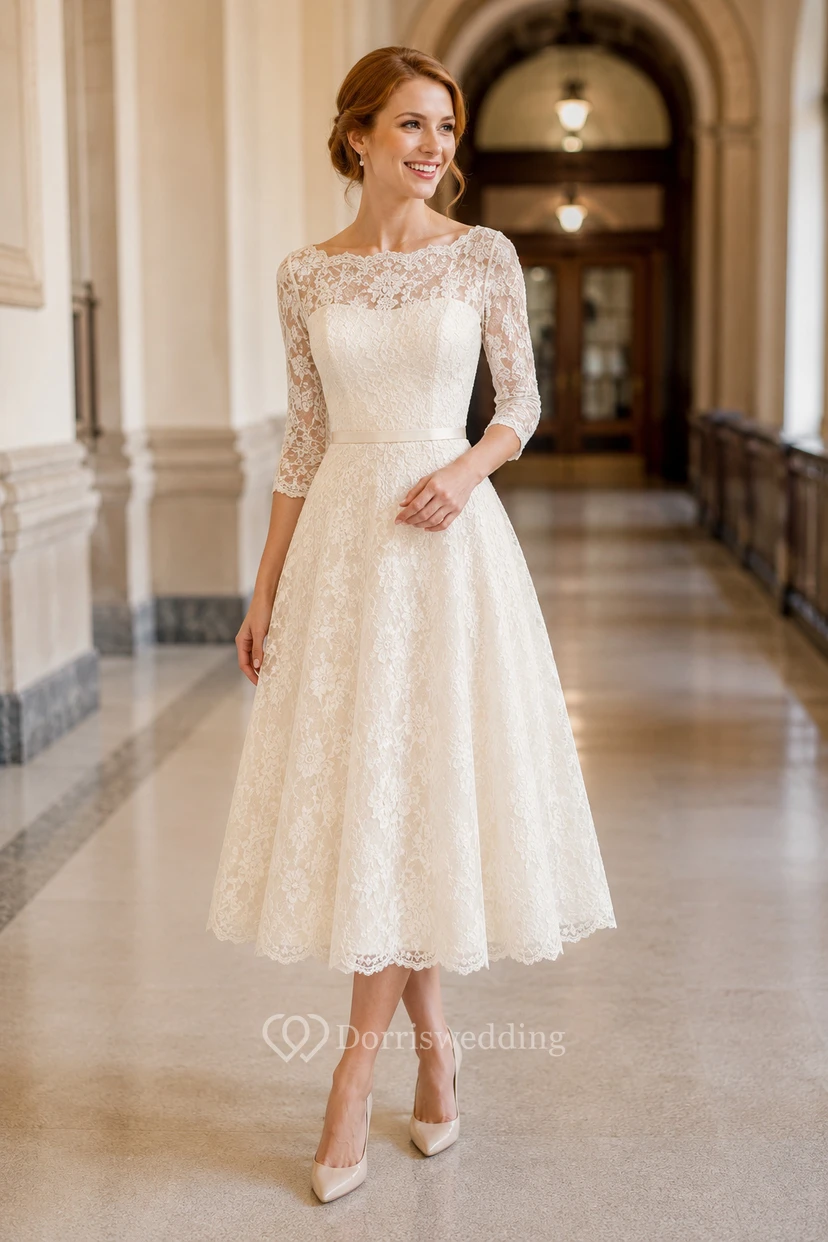 Robe de mariée mi-longue en dentelle à manches longues et jupe ample en tulle