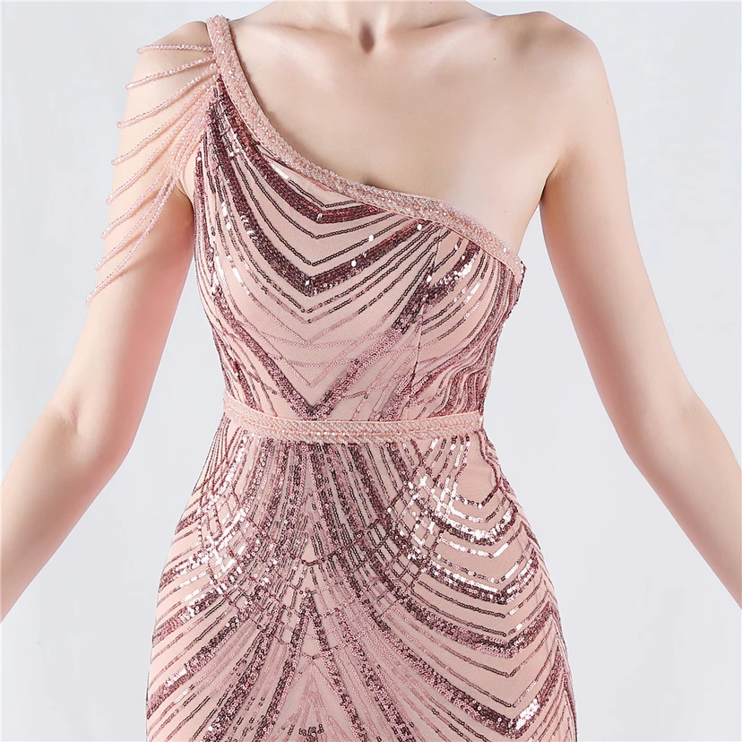 Positioning Flower Beaded Craft Beaded One-Shoulder Oblique Collar High Slit Evening Dress view 18