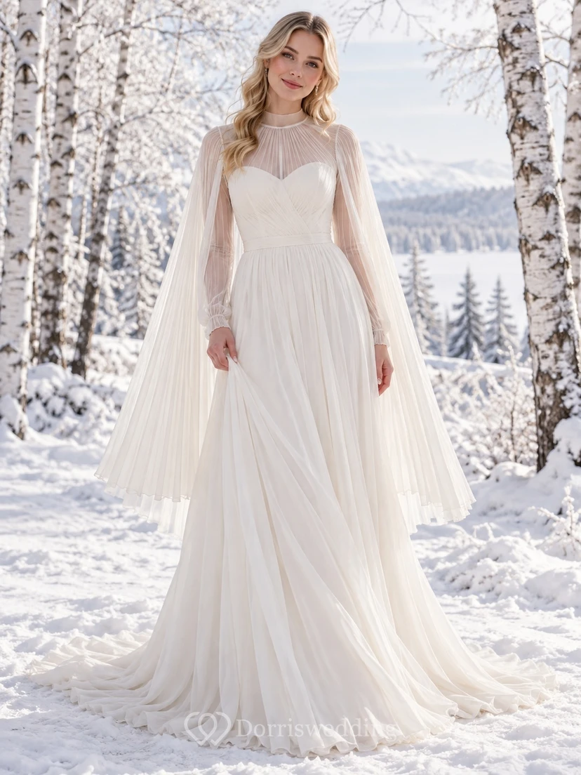 Vestido de novia de invierno de corte A con cuello alto, manga larga y capa plisada transparente