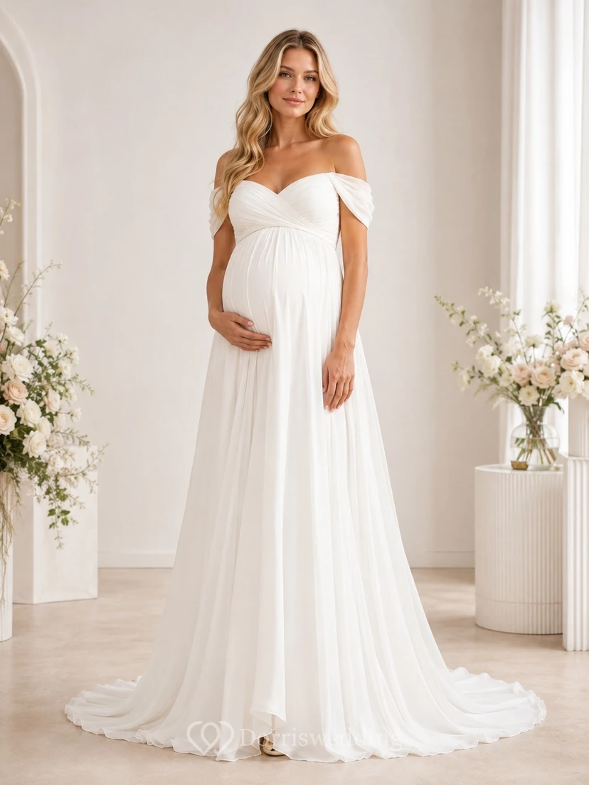 Maternity Empire Off-shoulder Chiffon A-line Sweep Train Formal Gown