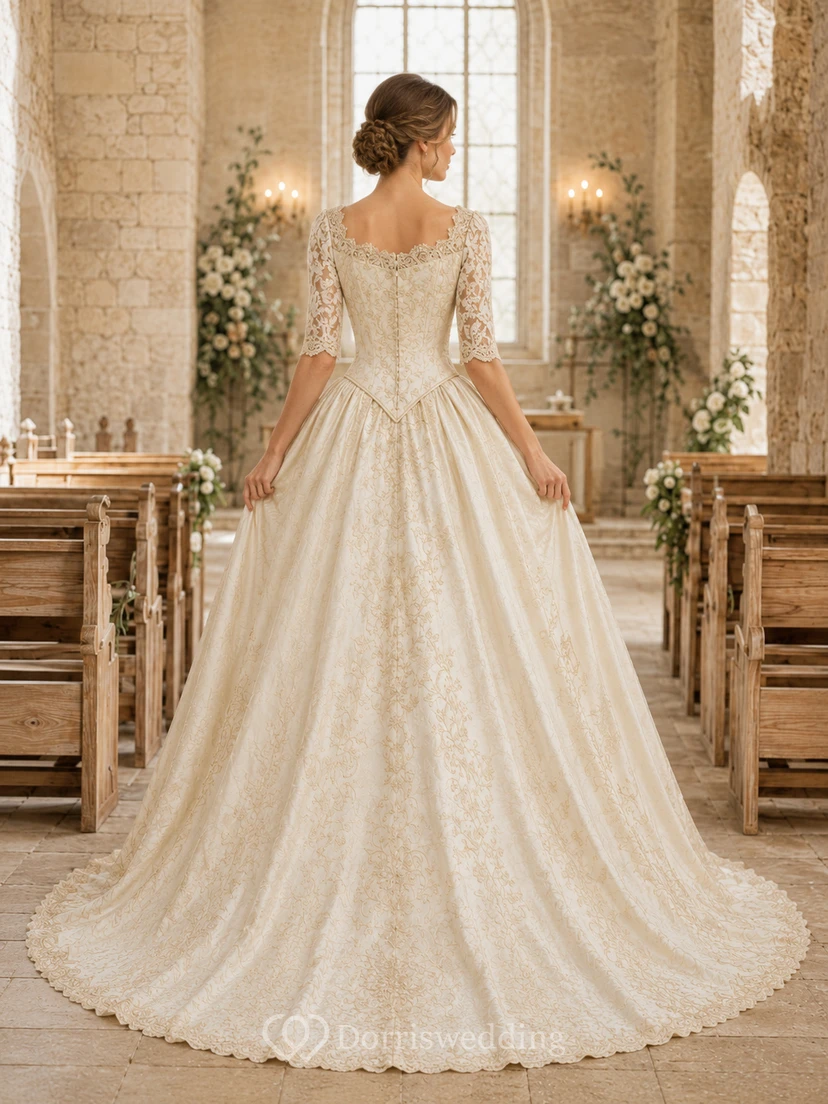 Robe de bal antique de luxe à col rond et manches trois-quarts en dentelle, traîne courte view 2