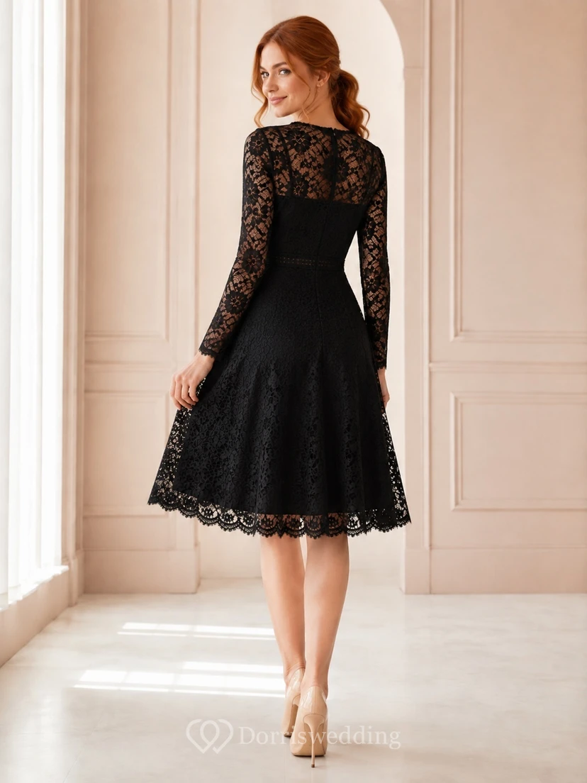 Black Vintage Lace Bateau Long Sleeve Tea-Length A-Line Cocktail Dress view 2