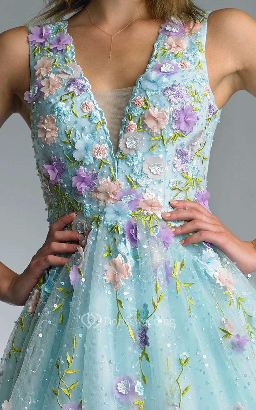 A-line Floor-length V-neck Sleeveless Tulle Zipper Dress view 3