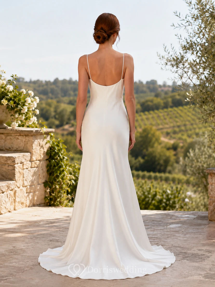 Vestido de novia de tul y encaje playero, corte en A, escote en V, sin mangas, cola larga, espalda baja en V. view 2