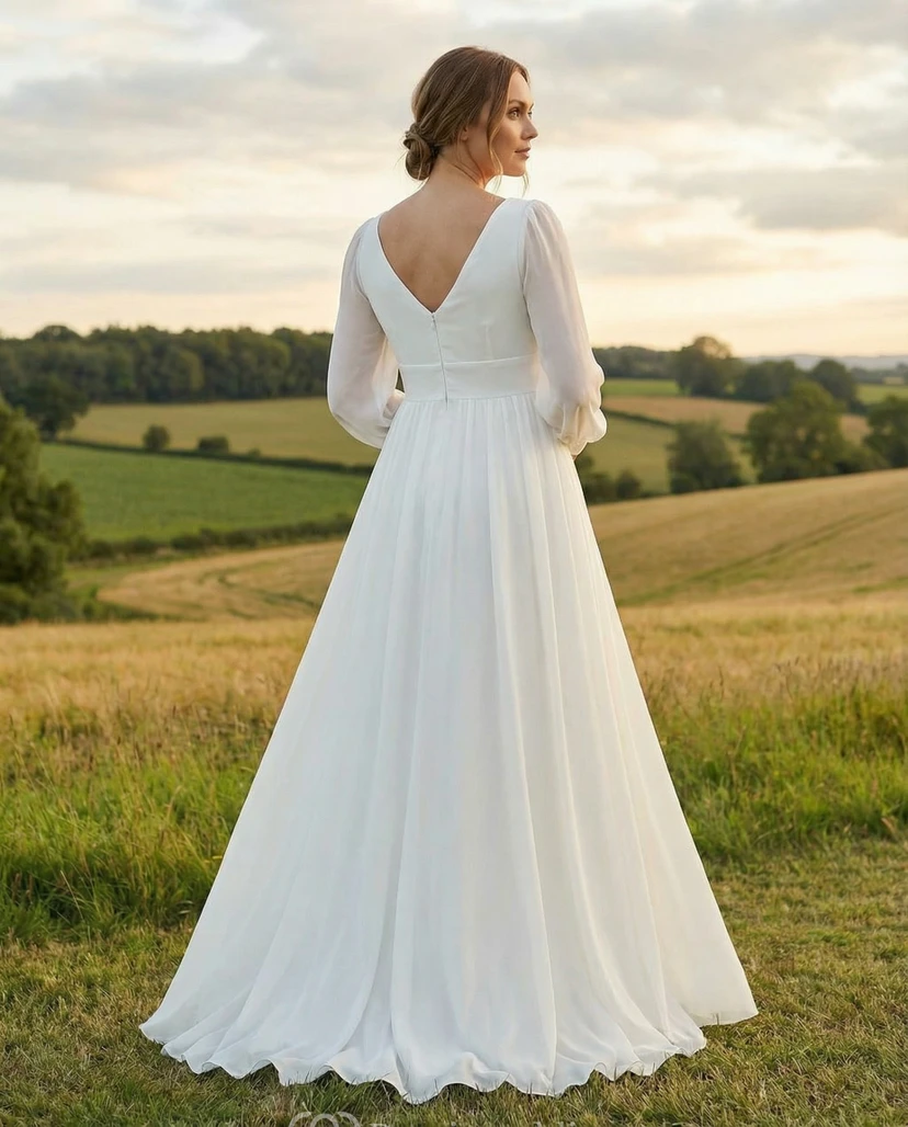 V-Neck Puff Sleeve Maternity Wedding Dress with Chiffon Skirt and Natural Waist view 2