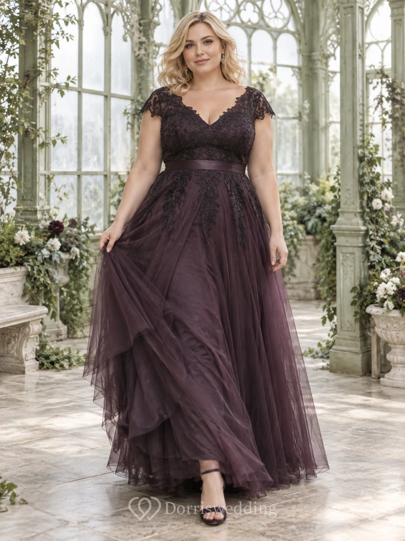 Gothic-Brautjungfernkleid in Übergröße, malvenfarben, mit V-Ausschnitt, Spitze, kurzen Ärmeln, Tüll und Rüschen