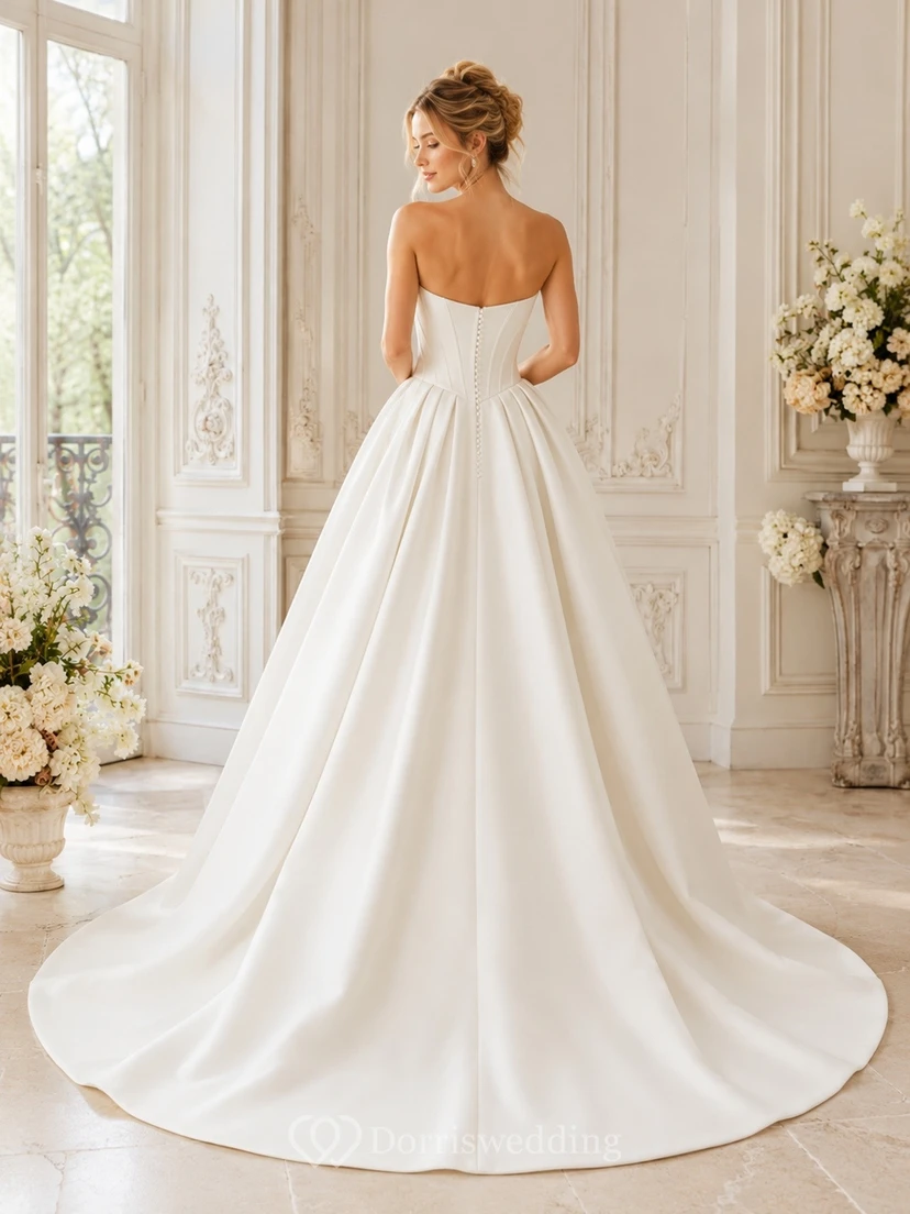Vestido de novia sencillo, largo hasta el suelo, sin mangas, formal, con escote corazón y corte en A. view 2