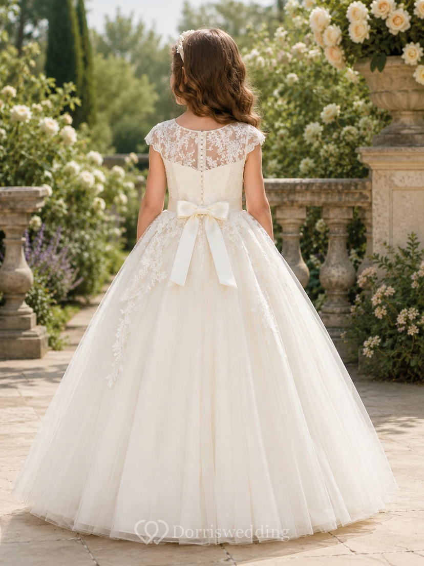 Vestido de gala de tul con mangas cortas y encaje floral, largo hasta el suelo, con lazo, para niña de las flores, ideal para bodas en el jardín. view 2