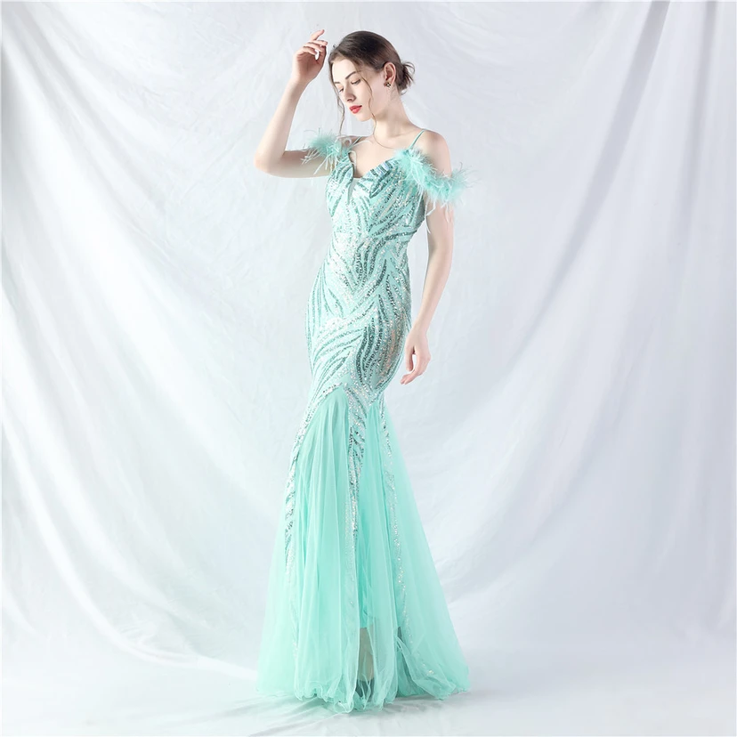 Crafted Ostrich Feather Stacked Sequins Splicing Mesh Gauze High-End Evening Dress Clothes view 82