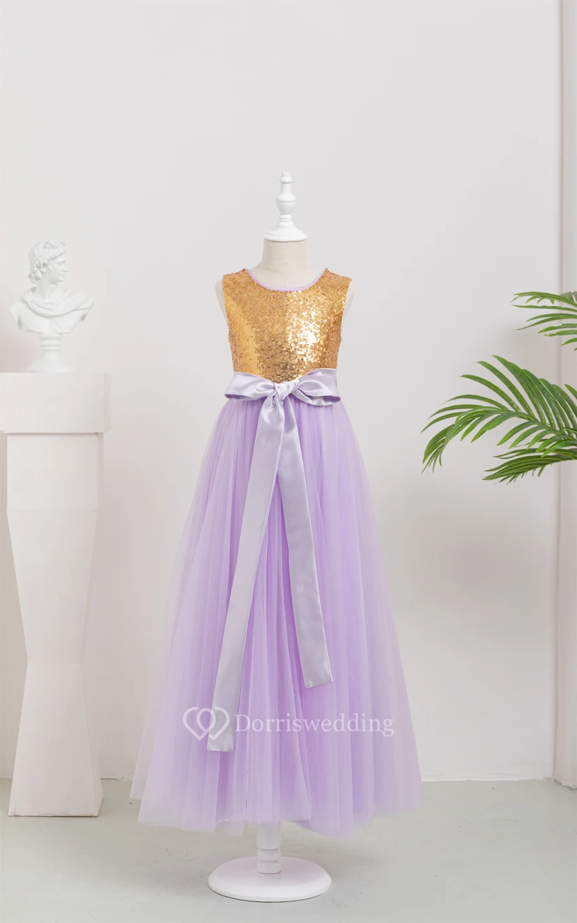 Two-Tone Scoop-neck Empire Tulle A-line Flowergirl Dress with Bow