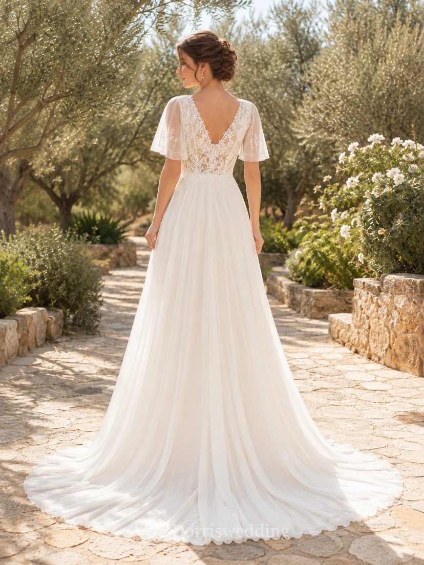 Boho V Neck Flutter Lace Sleeve Chiffon A-Line Sweep Summer Wedding Gown view 2