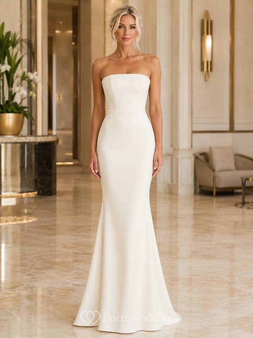Vestido de novia moderno, sencillo, largo hasta el suelo, de satén, sin tirantes, estilo sirena.