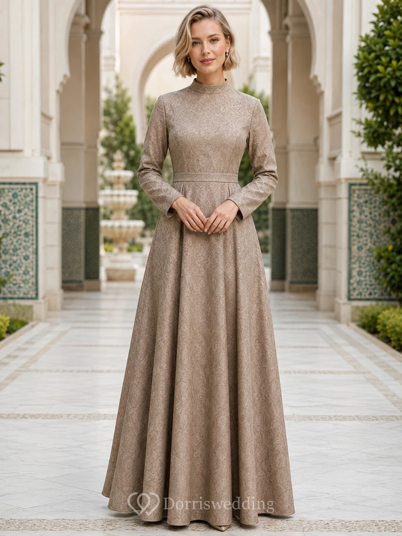 Taupe High Neck Long Sleeve Jacquard Modest Maxi Dress