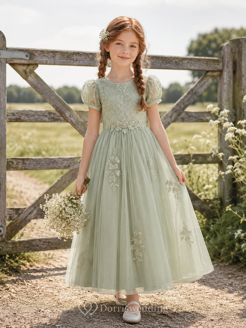 Sage Tulle Flower Girl Dress with Floral Applique
