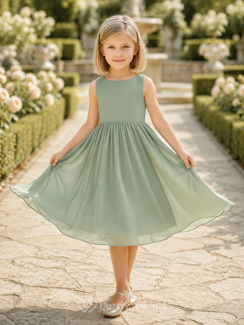 Blumenmädchenkleid aus salbeifarbenem Chiffon, A-Linie, V-Ausschnitt, Teelänge, mit Schärpendetails