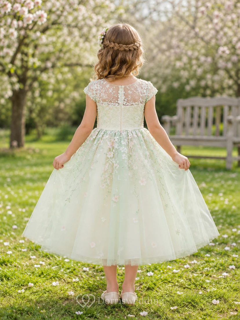 Blumenmädchenkleid, mintgrün, aus Spitze und Tüll, A-Linie, kurze Ärmel, Rundhalsausschnitt, wadenlang view 2