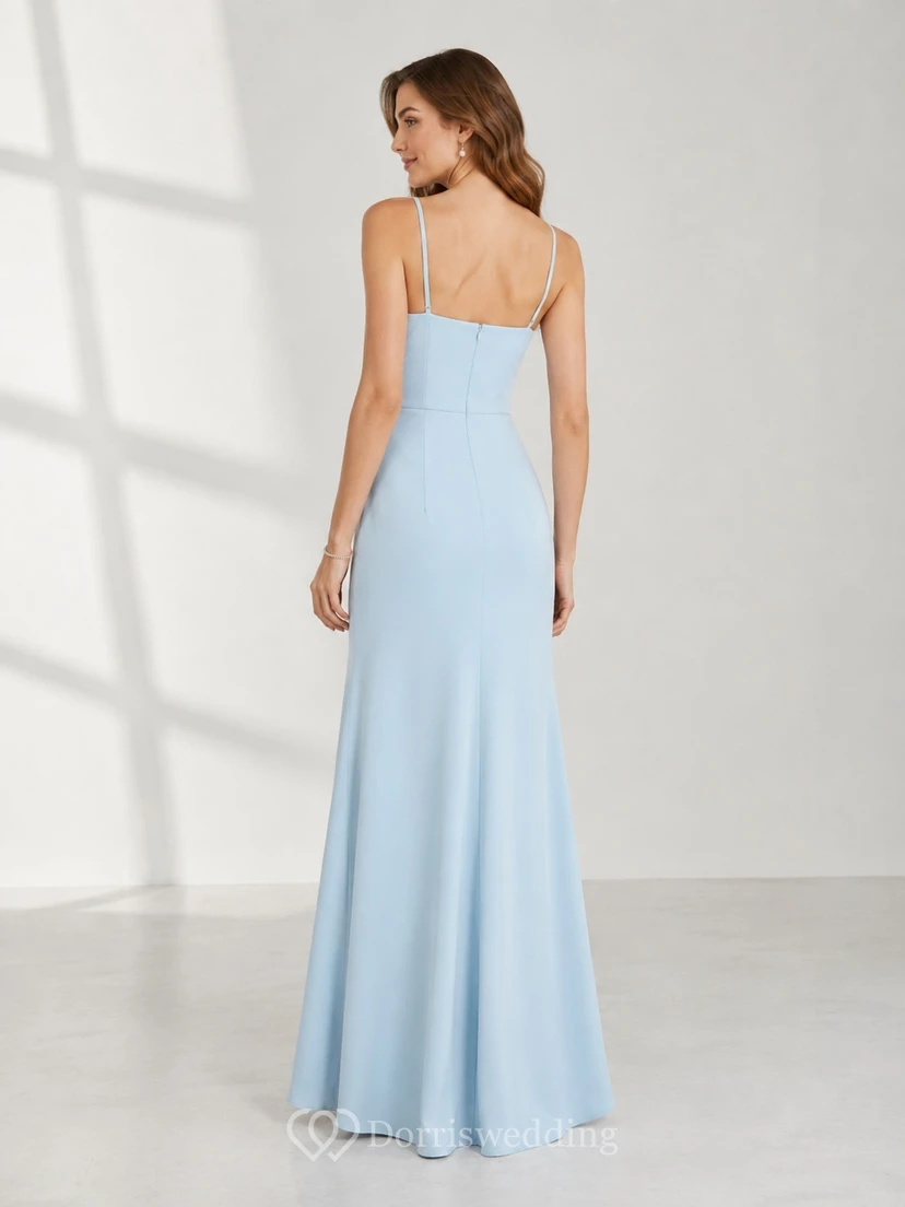 Sky Blue Front Slit Square-Neck Sheath Floor-Length Satin Evening Gown view 2