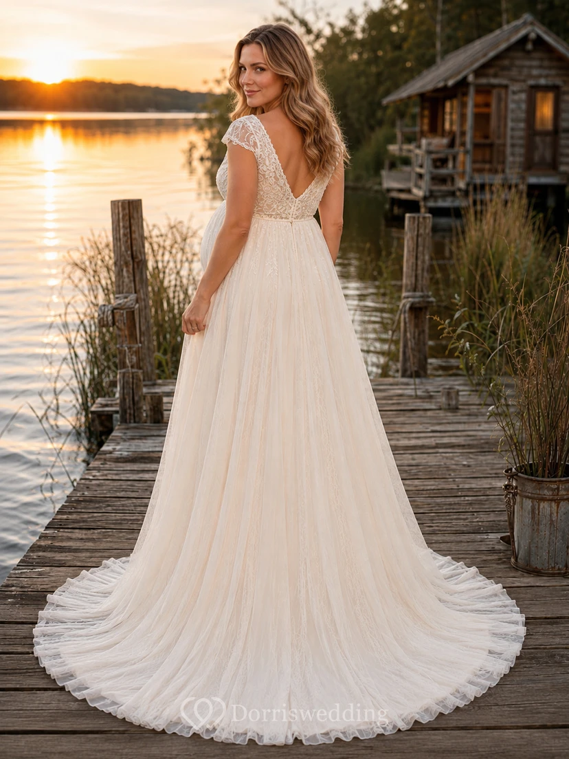 Maternity Cap Sleeve V-Neck Empire Lake Wedding Dress view 2