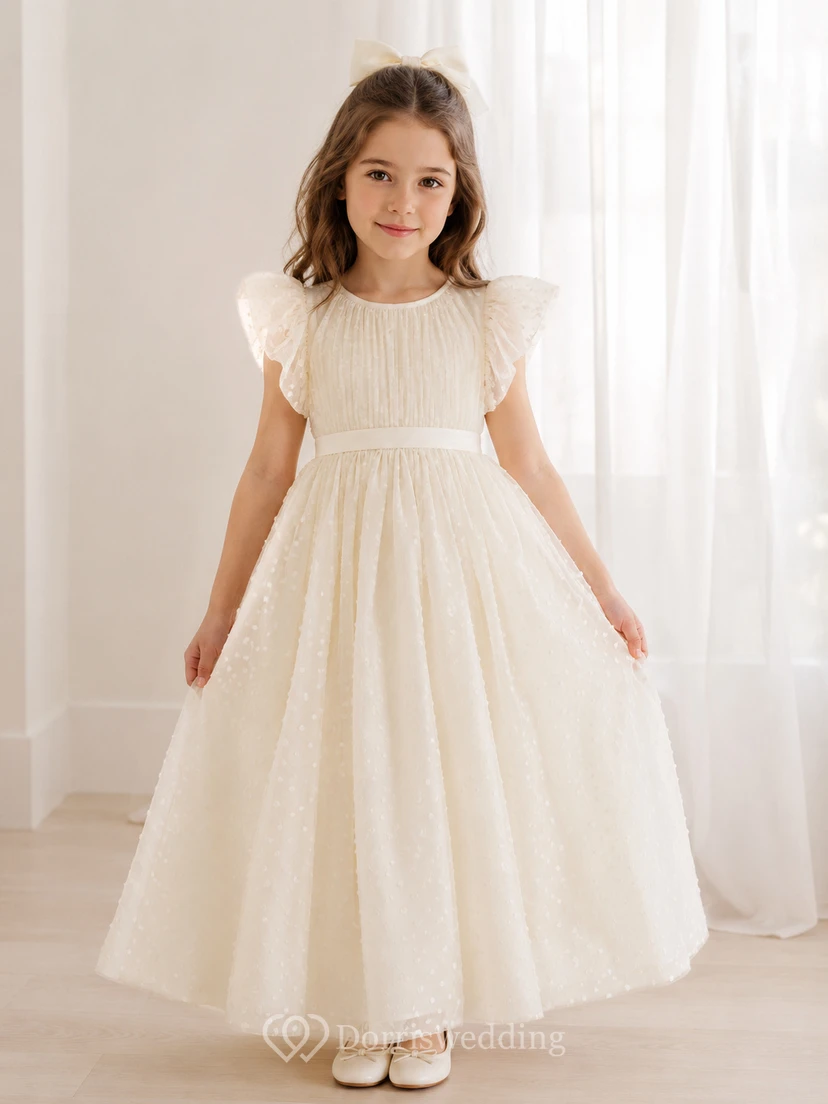Bow Back Tulle A-Line Flower Girl Dress with Jewel Neck and Tea-Length Skirt