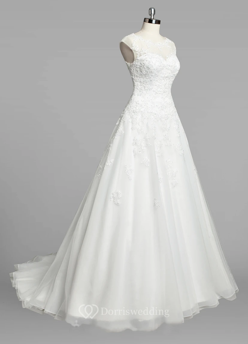 Jewel Neck Cap Sleeve A-Line Organza Wedding Dress Styles With Lace Bodice view 2