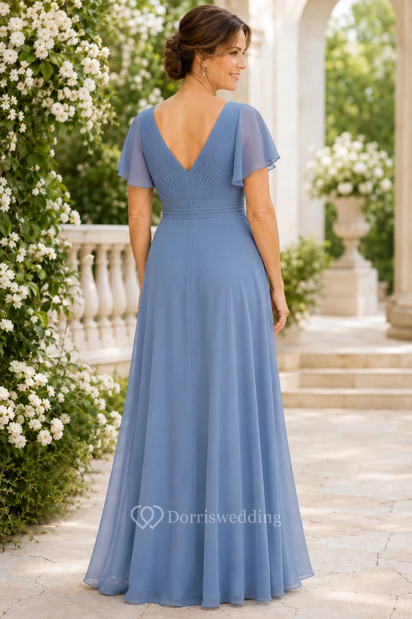 Stahlblaues Chiffon-Kleid in A-Linie mit V-Ausschnitt und Volantärmeln view 2