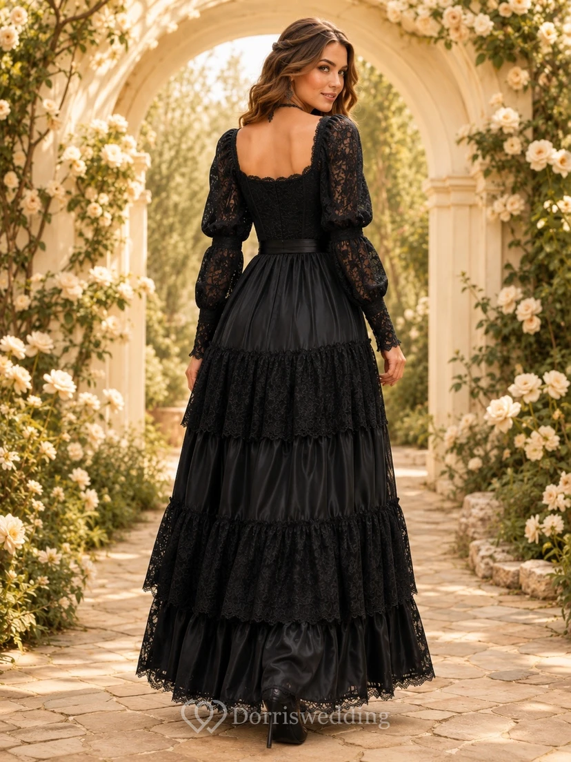 Black Square-Neck Long-Sleeve Puff-Sleeve Tiered Tulle A-Line Floor-Length Western Dress view 2