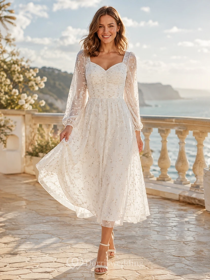 Robe longue trapèze à manches longues et épaules dénudées en dentelle blanche