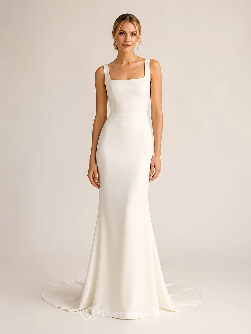 Vestido de novia minimalista de satén estilo sirena con escote cuadrado, sin mangas y cola larga.