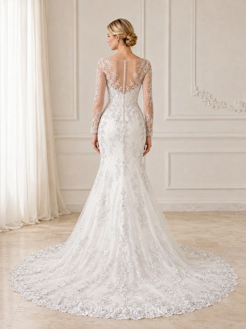Silbernes Meerjungfrauen-Brautkleid aus Spitze mit U-Boot-Ausschnitt, langen Ärmeln und bodenlangem, elegantem Schleppen-Stil view 2