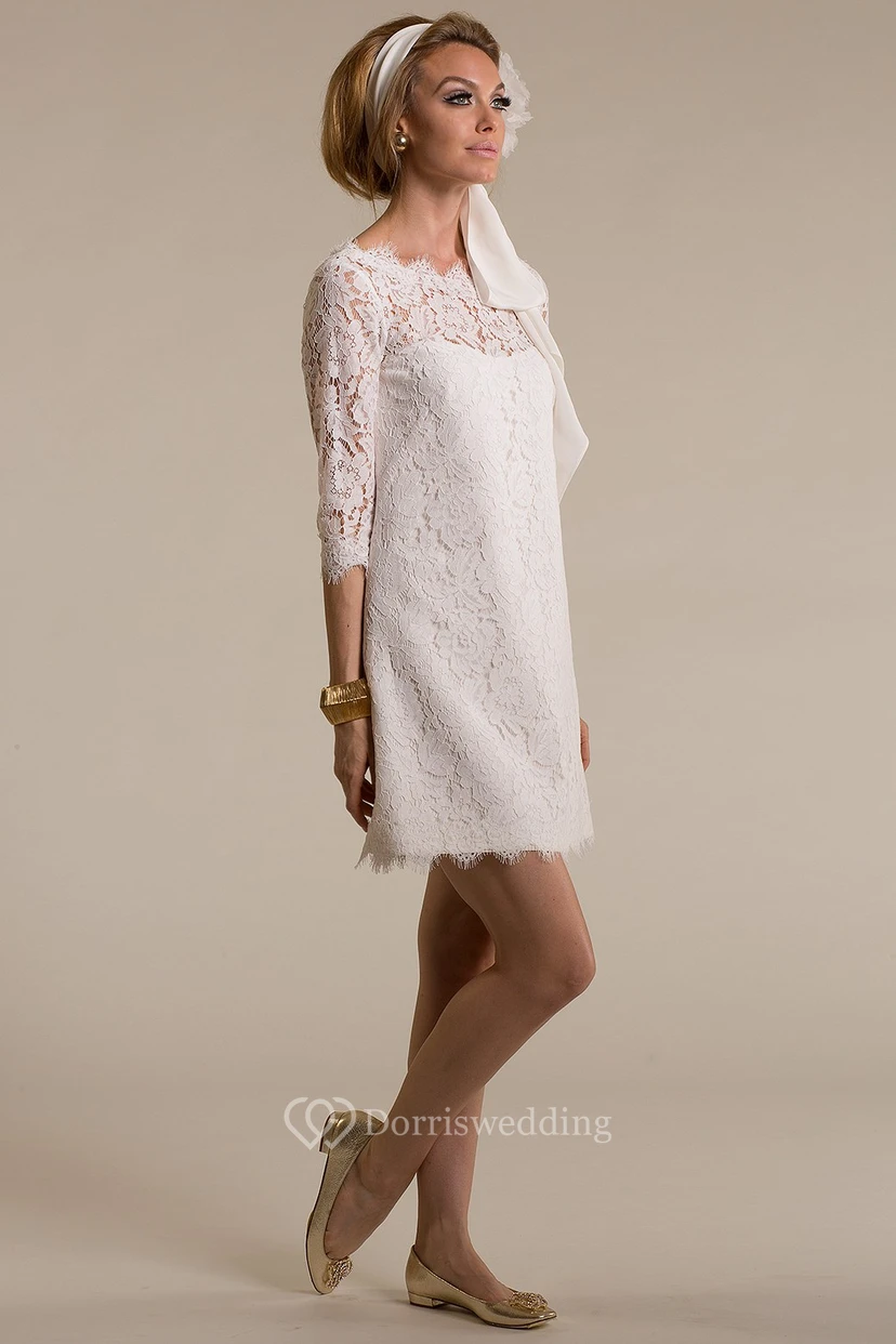 Sheath Short Scoop-Neck 3-4-Sleeve Lace Wedding Dress With Appliques And V Back