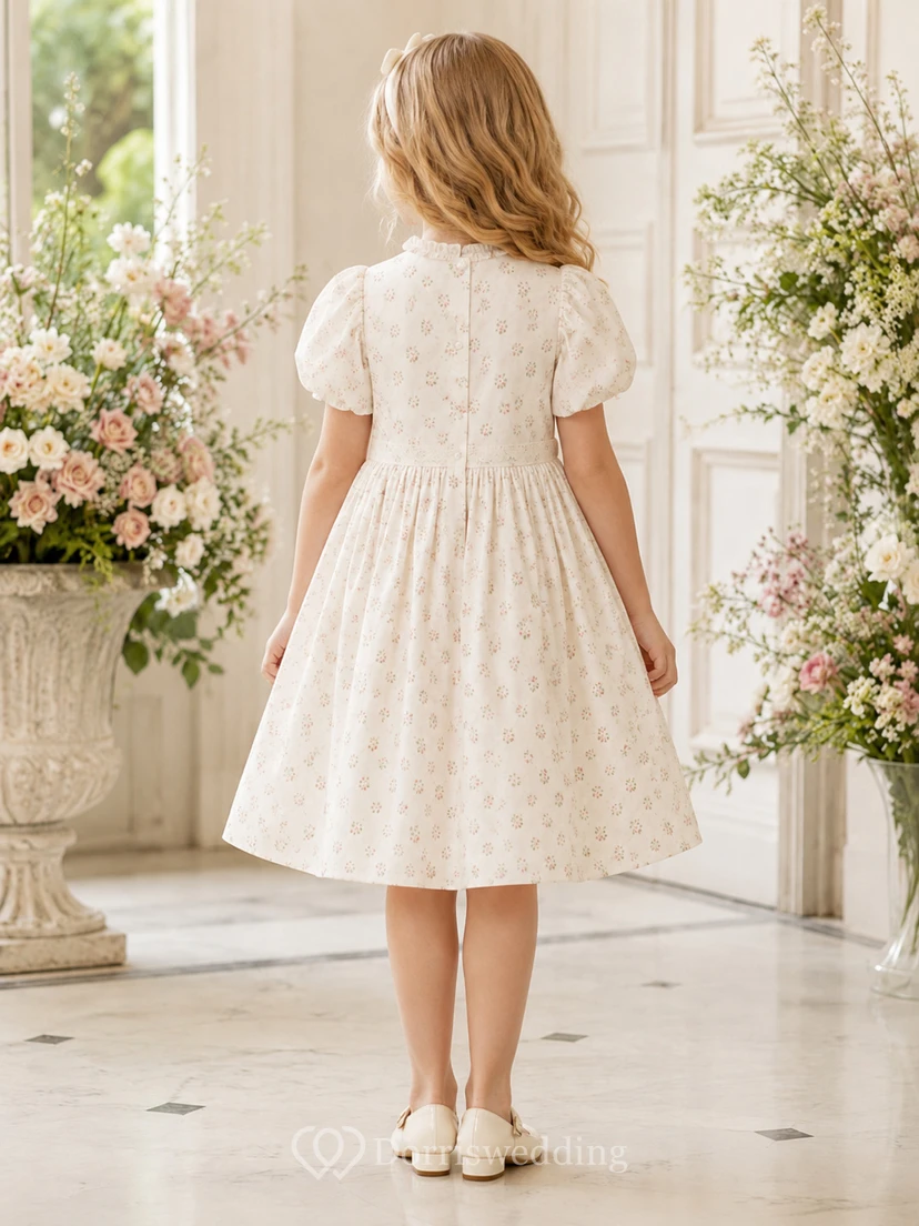 Puff Sleeve Tulle A-Line Flower Girl Dress with Jewel Neck, Tea-Length Skirt and Bow Detail view 2